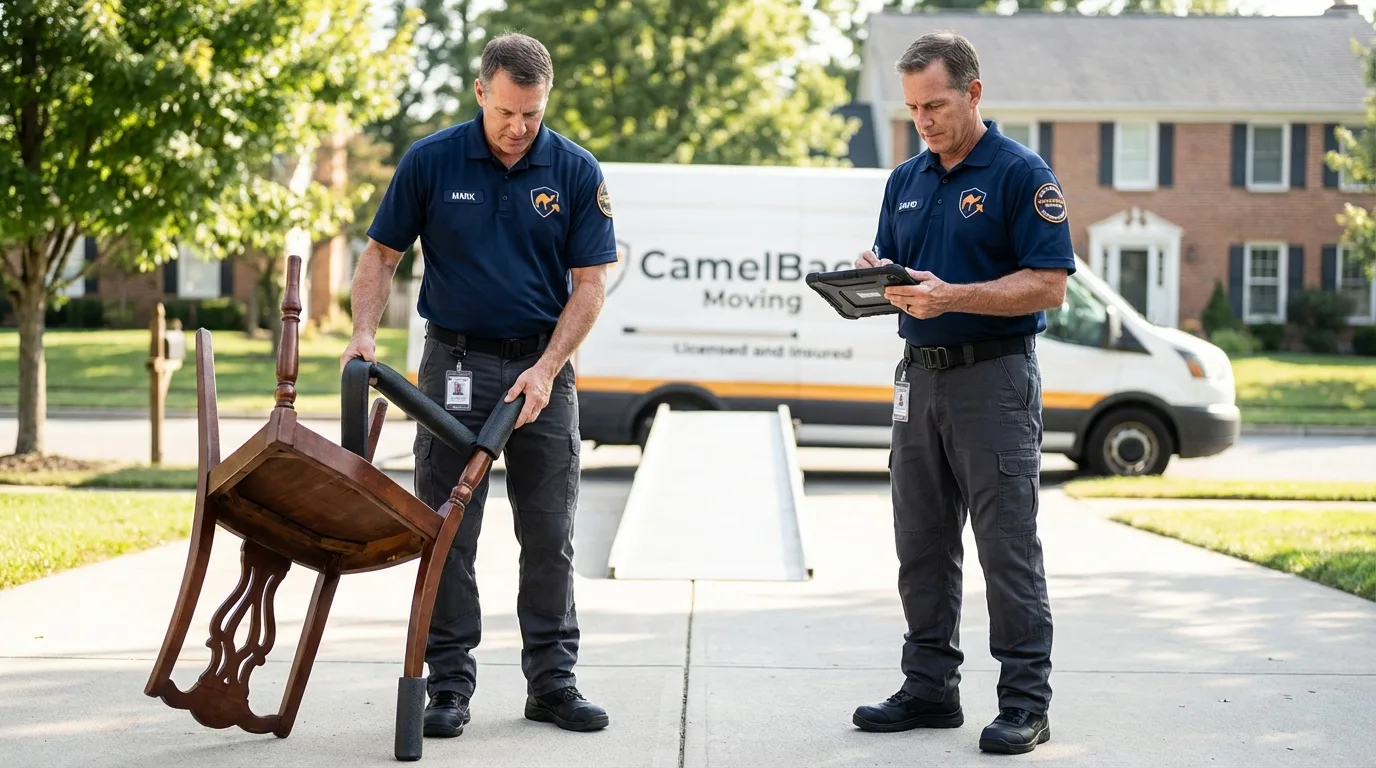 Movers inspecting furniture for damage prevention before loading in Marysville, WA
