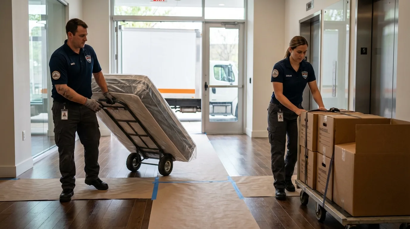 Professional apartment movers loading elevator in Marysville, WA