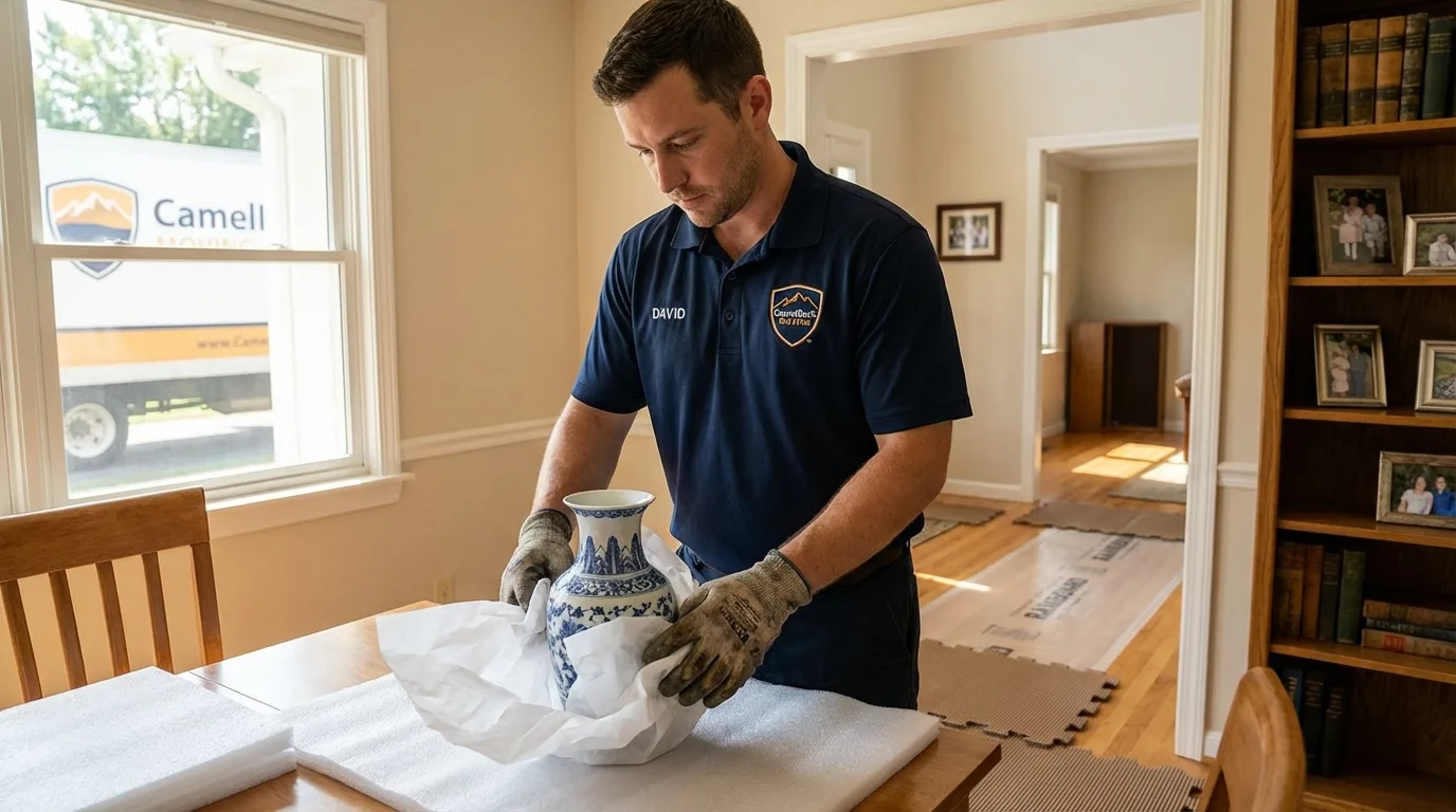 Professional crew carefully wrapping antique vase for senior downsizing move in Marysville, WA
